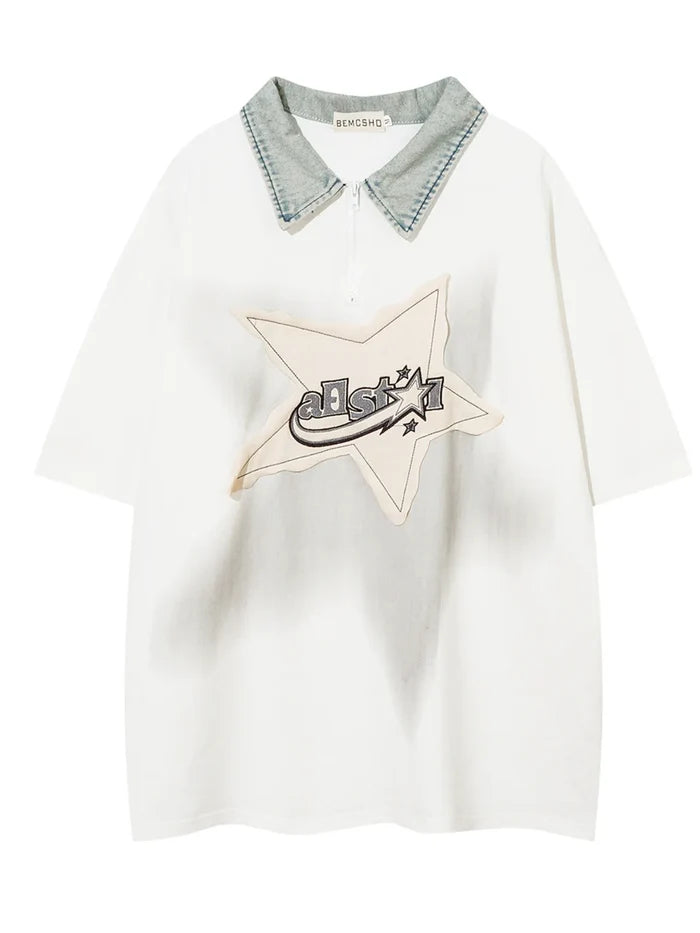Men's Denim Collar Star Patch Short Sleeve Polo