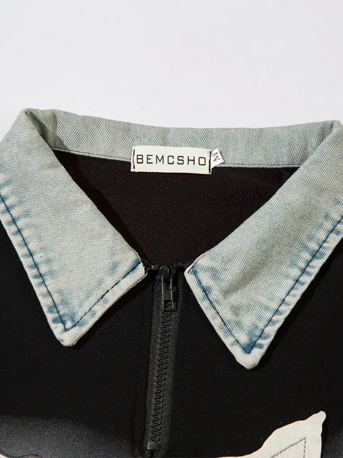 Men's Denim Collar Star Patch Short Sleeve Polo