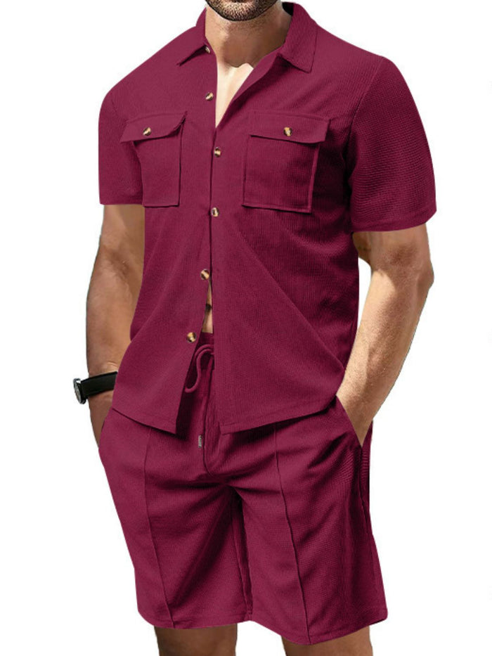 Men's Full Size Button Down Short Sleeve Top and Shorts Set Plus Size for Summer Style
