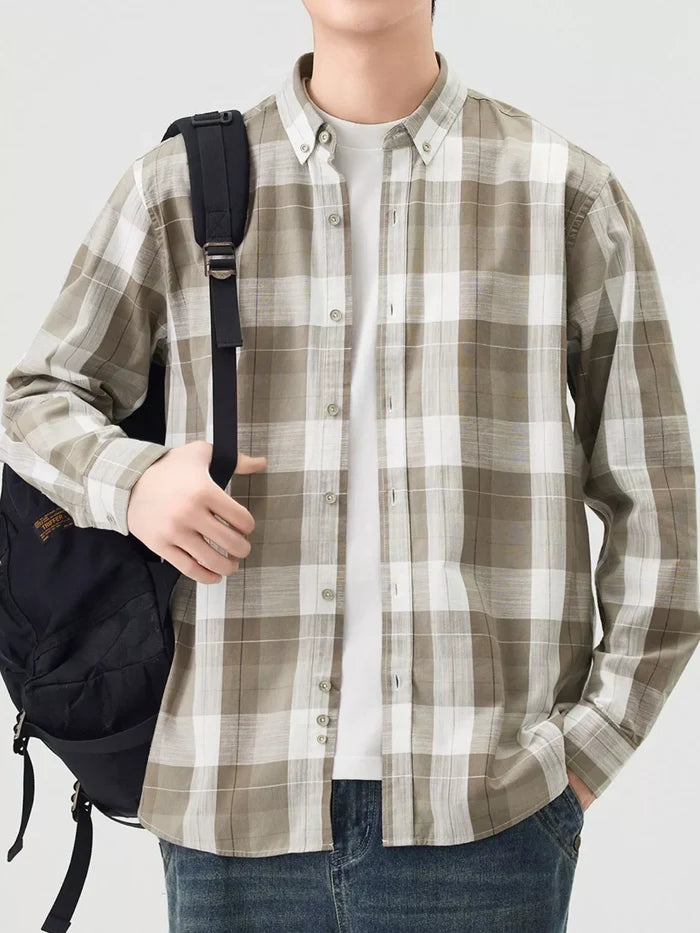Men's Full Size Casual Plaid Long Sleeve Shirt Plus Size