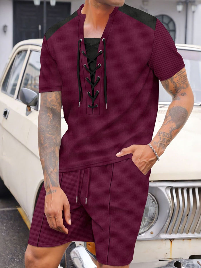 Men's Full Size Lace-Up Waffle Knit Top and Shorts Set Plus Size