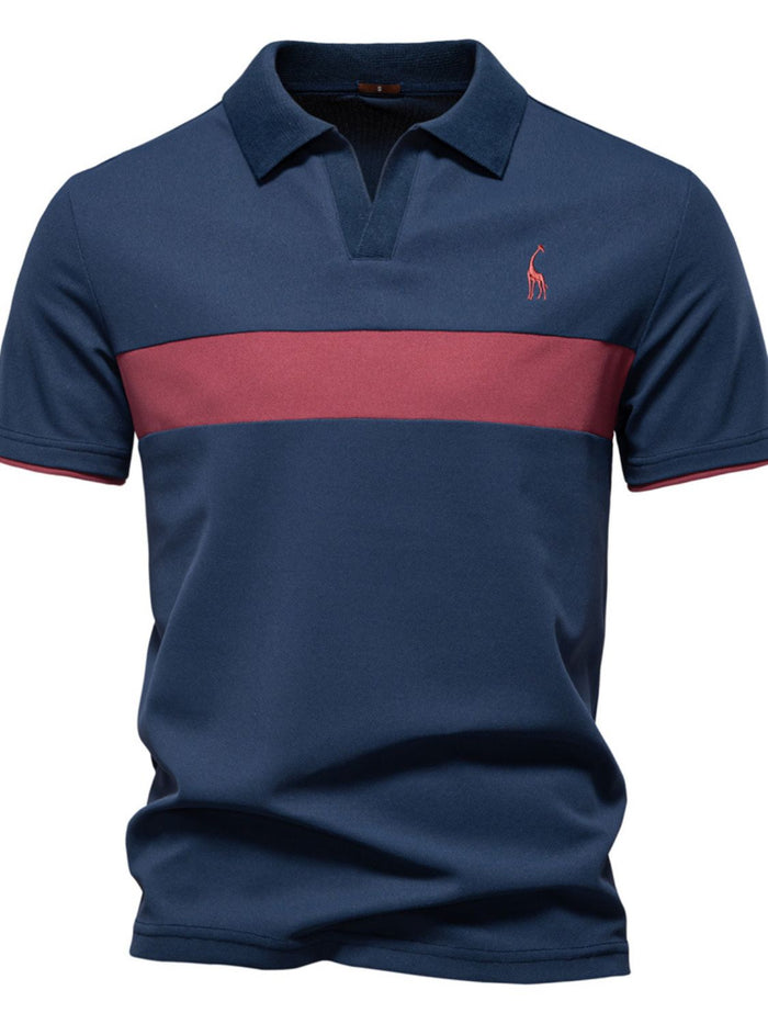 Men's Giraffe Embroidered Collared Neck Contrast Polo Style