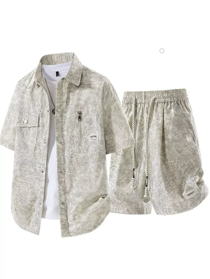 Men's Plus Size Lightweight Textured Short Sleeve Shirt and Shorts Set