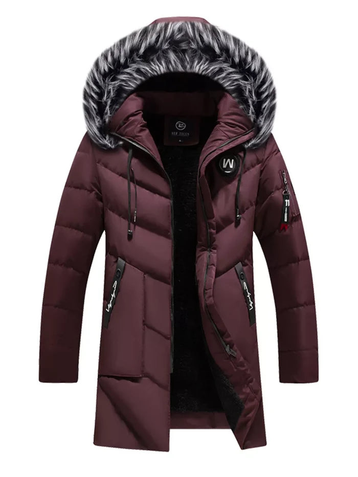 Men's Plus Size Longline Padded Winter Coat with Faux Fur Hood