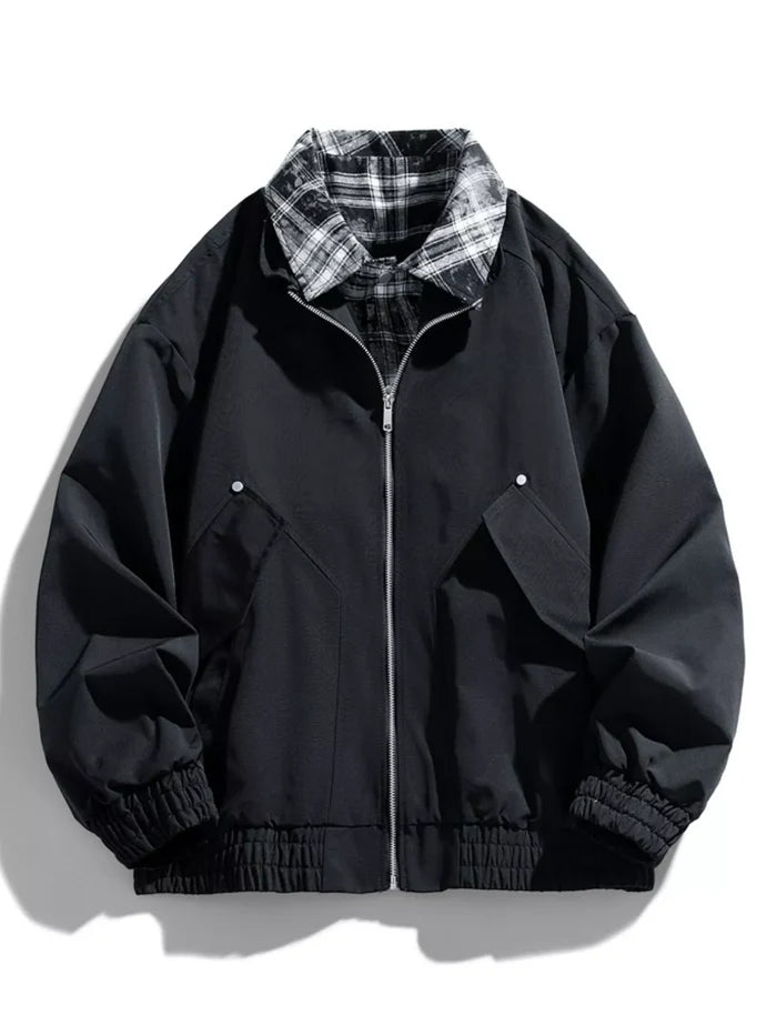 Men's Plus Size Plaid Collar Zip-Up Bomber Jacket