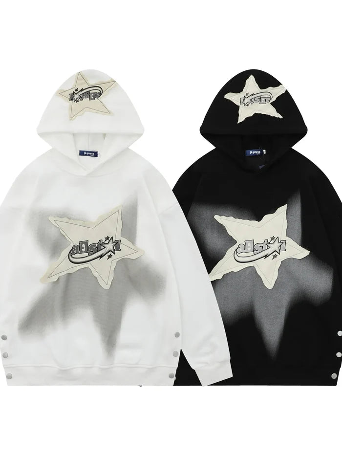 Men's Star Patch Oversized Hoodie with Snap Detail
