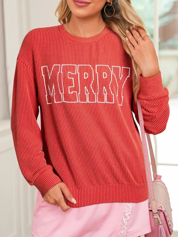 Merry Twisted Rib Christmas Loose Long Sleeve Top