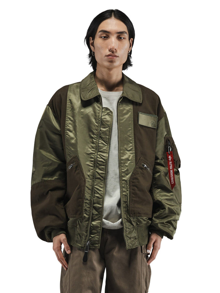 Alpha Industries Mixed Media CWU 36P Mod Jacket in green with fabric panels.