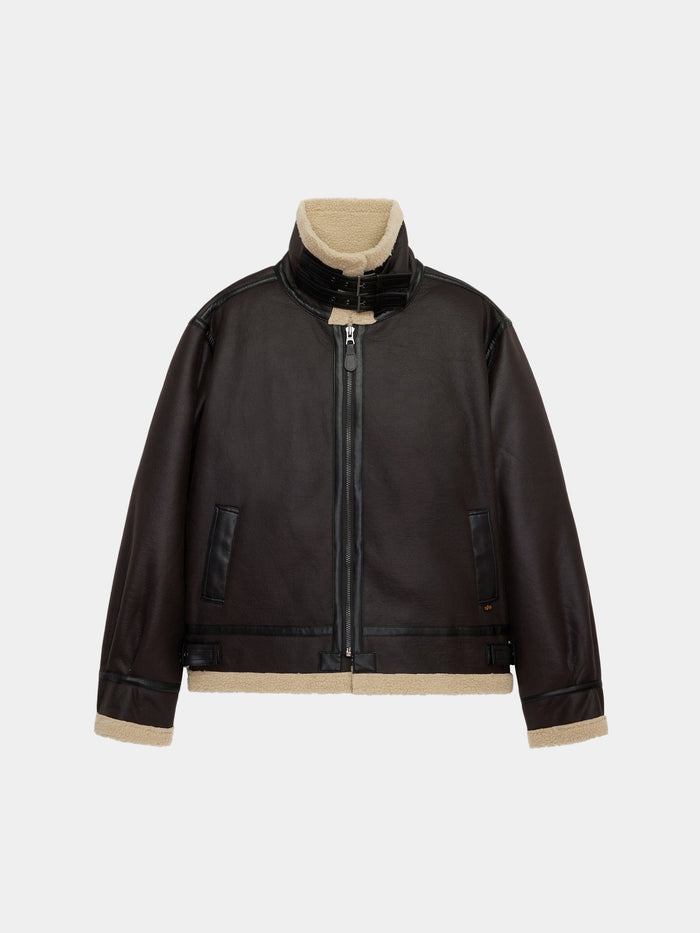 Alpha Industries Mouton B-3 is a brown faux leather aviator jacket with beige lining, front zipper, high collar, and strap details.