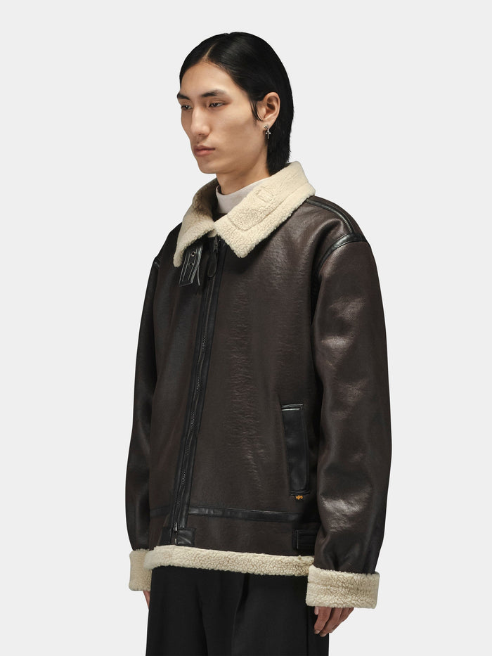 Alpha Industries Mouton B-3 aviator jacket with brown body, cream collar and cuffs.