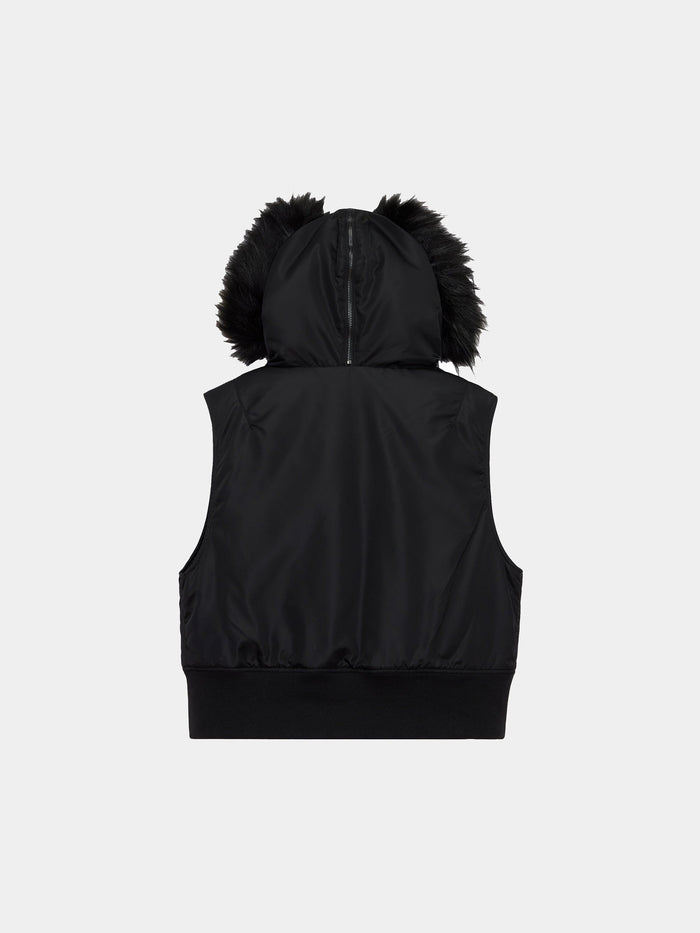 Alpha Industries N-2b Vest Womens in black flight nylon with faux fur hood, sleeveless design.