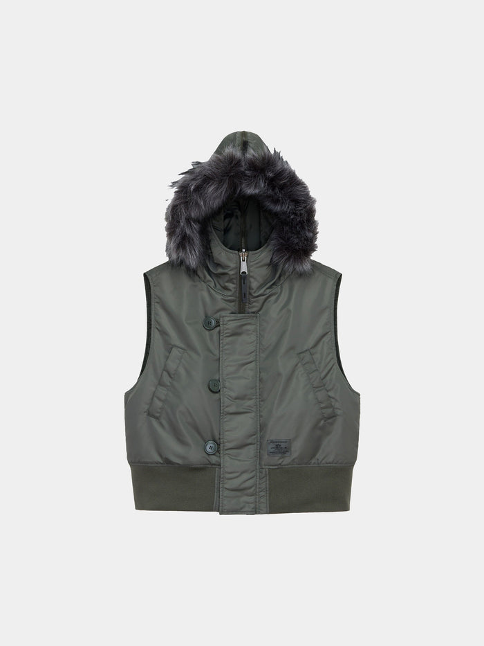 Alpha Industries N-2b Vest Womens in Field Gray, sleeveless, front buttons, zipper closure, ribbed hem, two pockets, faux fur hood trim.