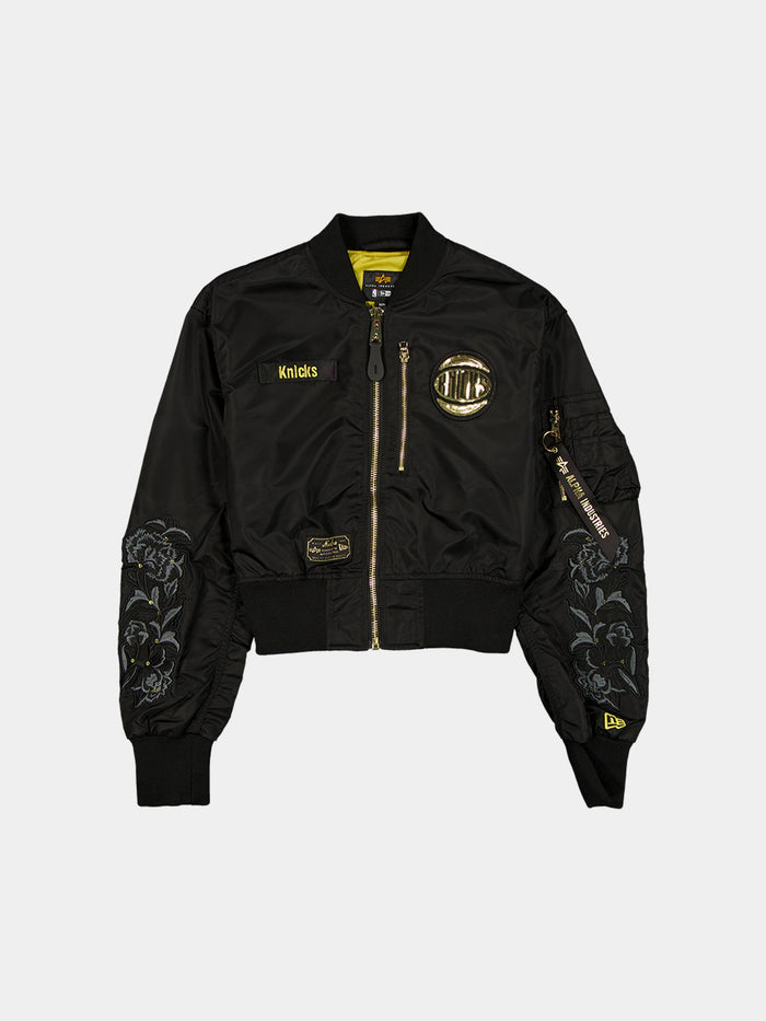 NEW YORK KNICKS X ALPHA X NEW ERA L-2B CROPPED BOMBER JACKET WOMENS OUTERWEAR Alpha Industries BLACK/GOLD XS