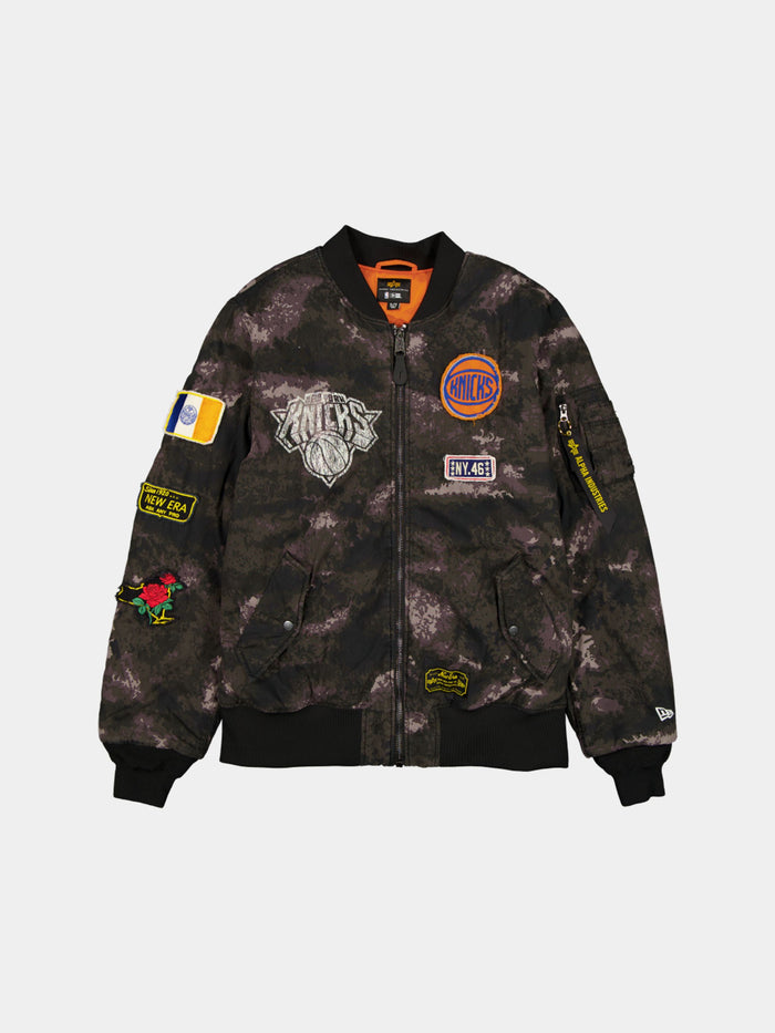 NEW YORK KNICKS X ALPHA X NEW ERA MA-1 BOMBER JACKET (BLACK CAMO) OUTERWEAR Alpha Industries BLACK S
