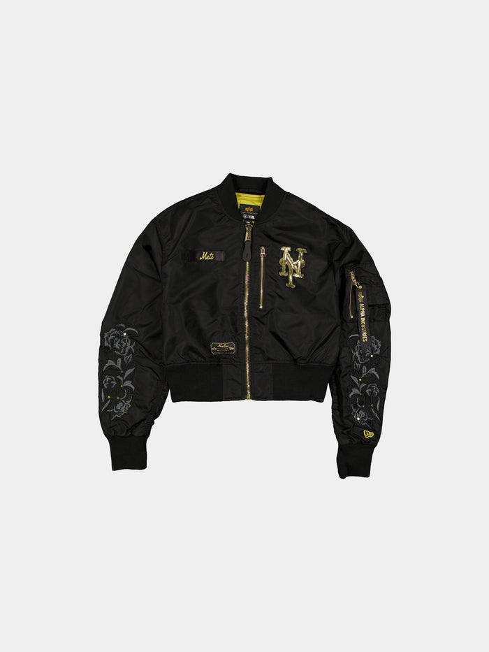 NEW YORK METS X ALPHA X NEW ERA L-2B CROPPED BOMBER JACKET WOMENS OUTERWEAR Alpha Industries BLACK/GOLD XS