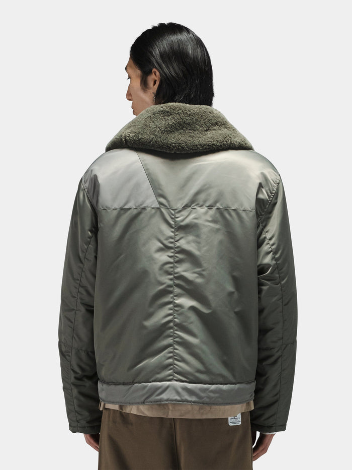 Alpha Industries Nylon Aviator Jacket in sage green with large textured collar.