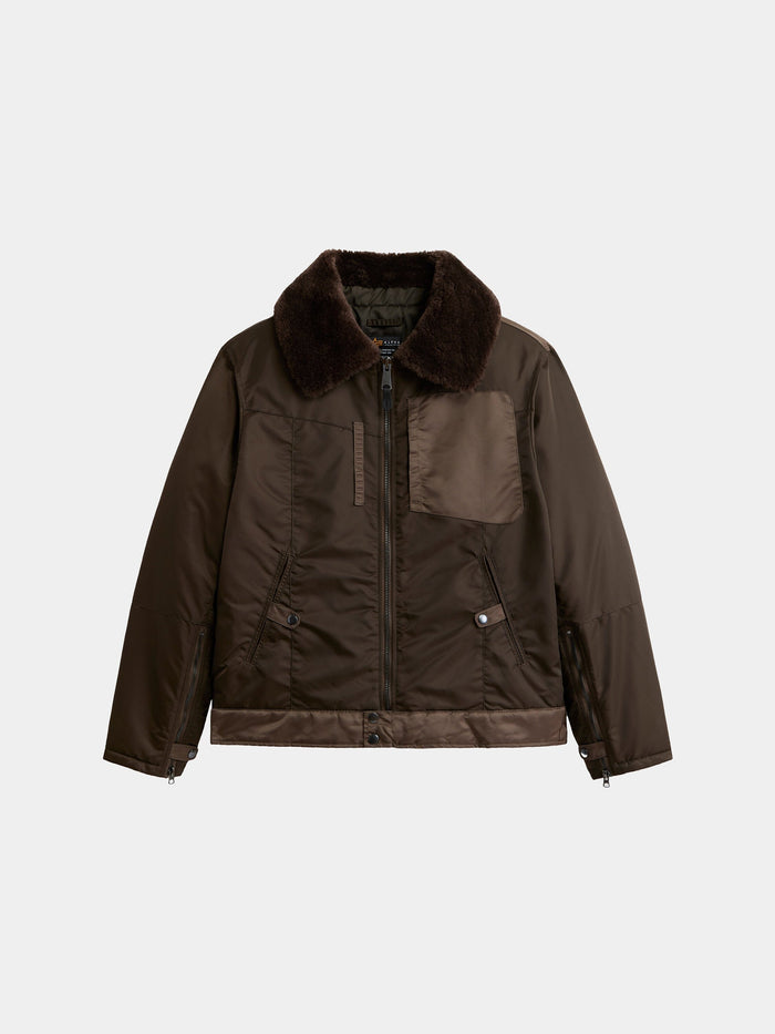 Alpha Industries Nylon Aviator Jacket in Espresso with dark brown nylon, faux fur collar, front zipper, chest pocket, side pockets.