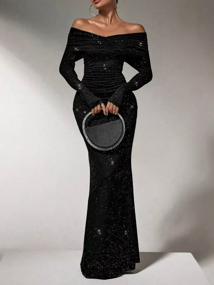 Off-Shoulder Glitter Evening Maxi Dress