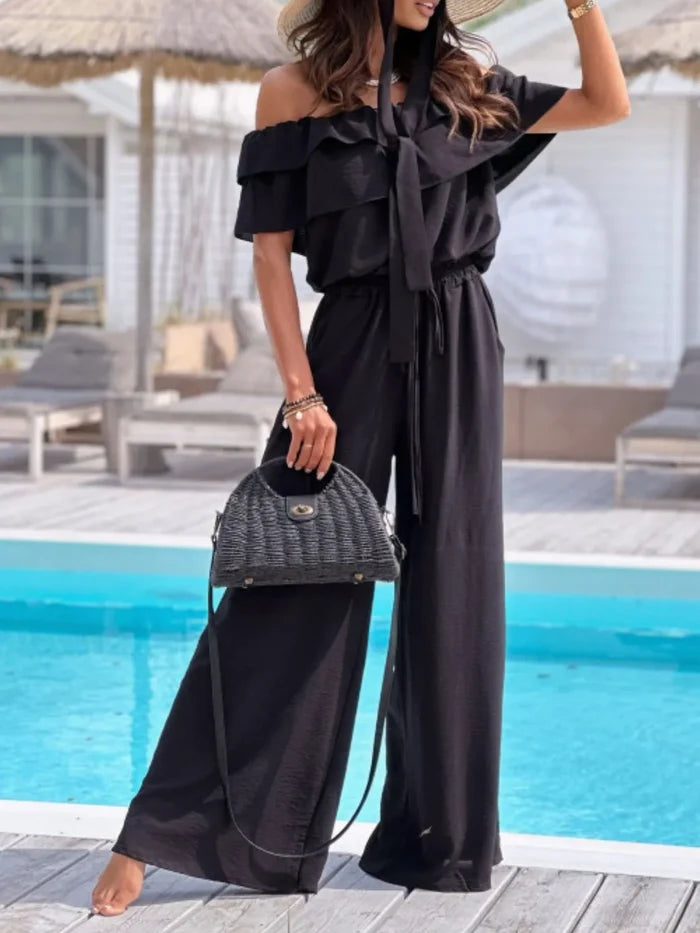Off-Shoulder Ruffled Tied Wide-Leg Jumpsuit