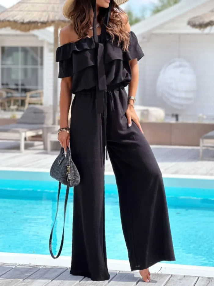 Off-Shoulder Ruffled Tied Wide-Leg Jumpsuit