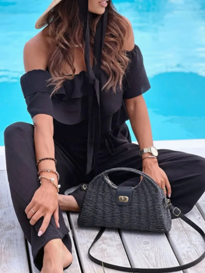 Off-Shoulder Ruffled Tied Wide-Leg Jumpsuit