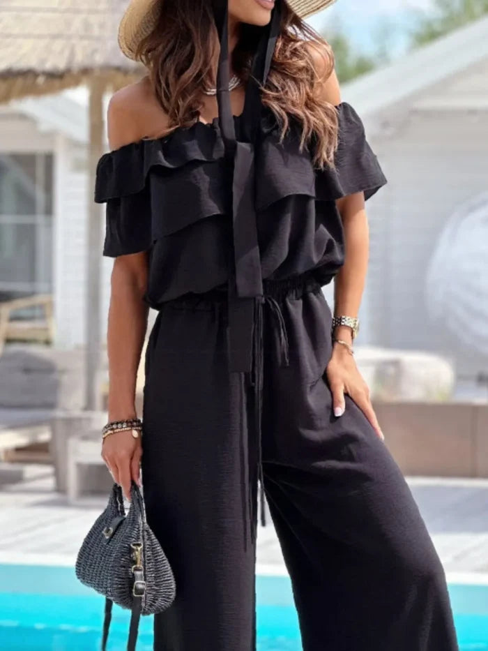 Off-Shoulder Ruffled Tied Wide-Leg Jumpsuit