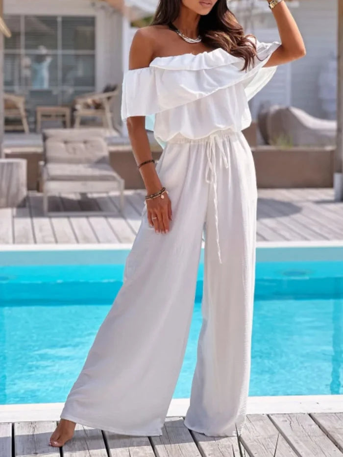Off-Shoulder Ruffled Tied Wide-Leg Jumpsuit