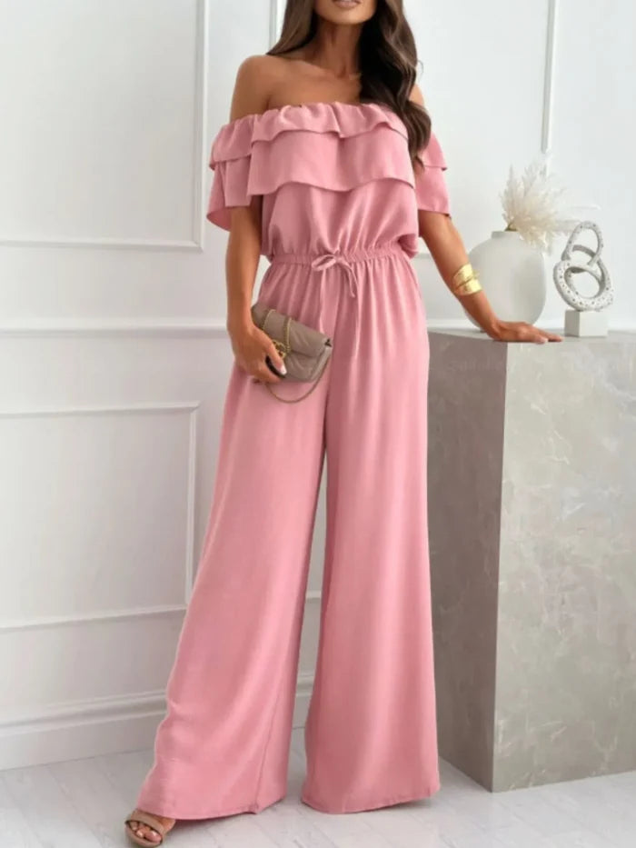 Off-Shoulder Ruffled Tied Wide-Leg Jumpsuit