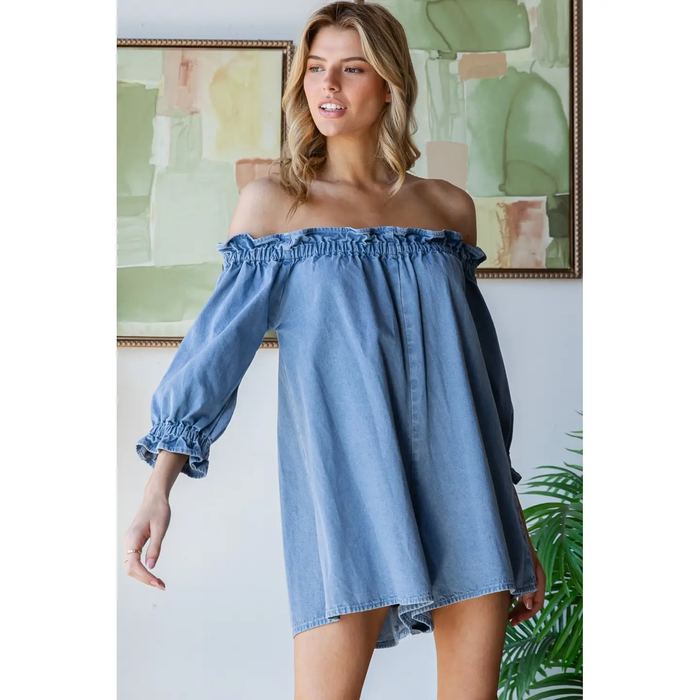 Off the Shoulder Denim Romper - Greige Goods
