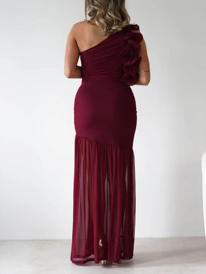 One-Shoulder Ruffle Trim Maxi Dress
