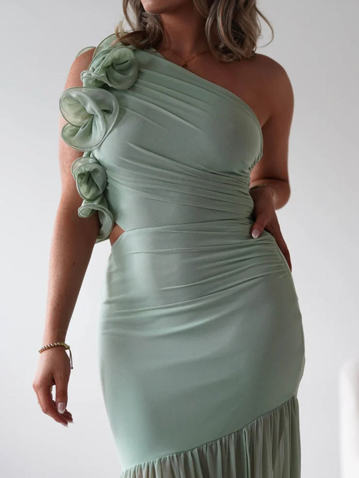 One-Shoulder Ruffle Trim Maxi Dress
