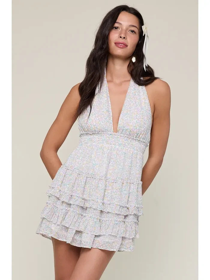 Pastel Halter Tiered Mini Dress - Greige Goods