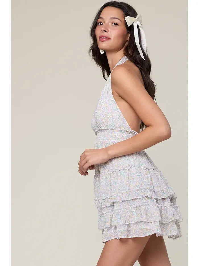 Pastel Halter Tiered Mini Dress - Greige Goods