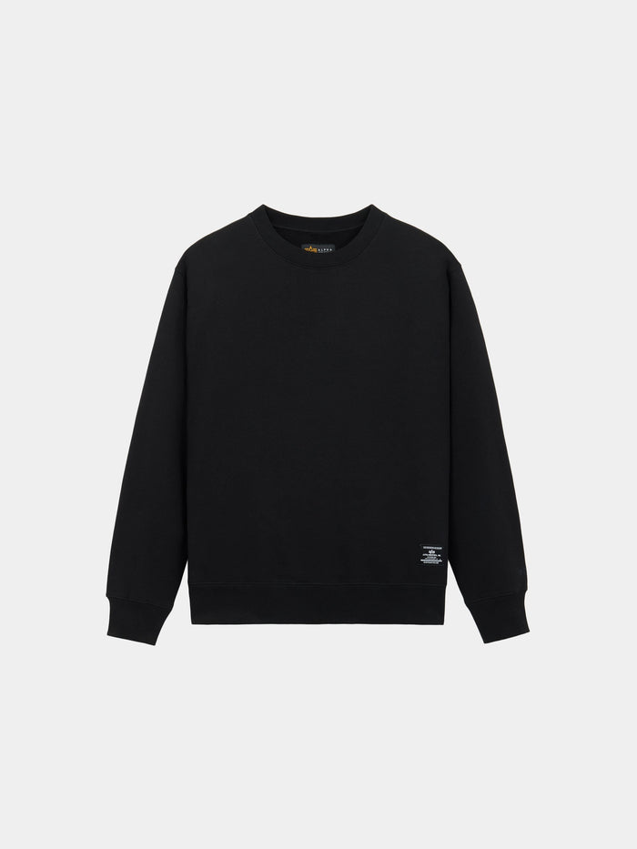 Alpha Industries Patched Crewneck, black cotton-poly blend, crewneck, long sleeves, ribbed cuffs, small white tag near hem.