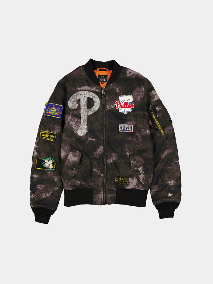 PHILADELPHIA PHILLIES X ALPHA X NEW ERA MA-1 BOMBER JACKET (BLACK CAMO) OUTERWEAR Alpha Industries BLACK S