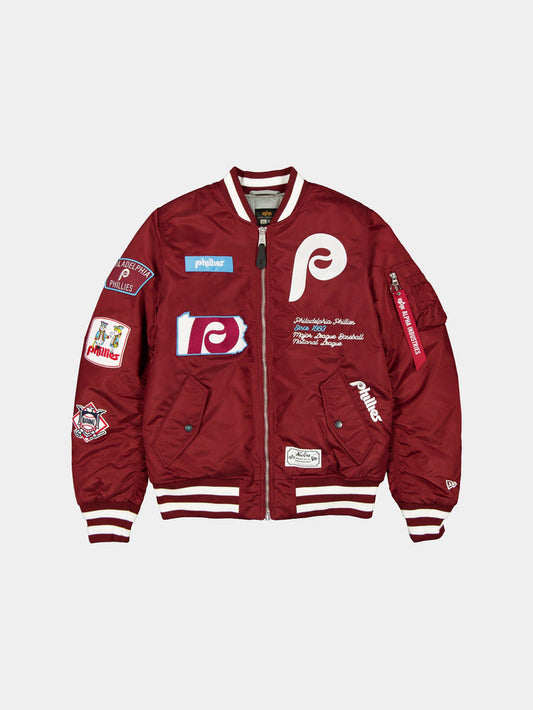 PHILADELPHIA PHILLIES X ALPHA X NEW ERA MA-1 BOMBER JACKET OUTERWEAR Alpha Industries DARK RED/WHITE S