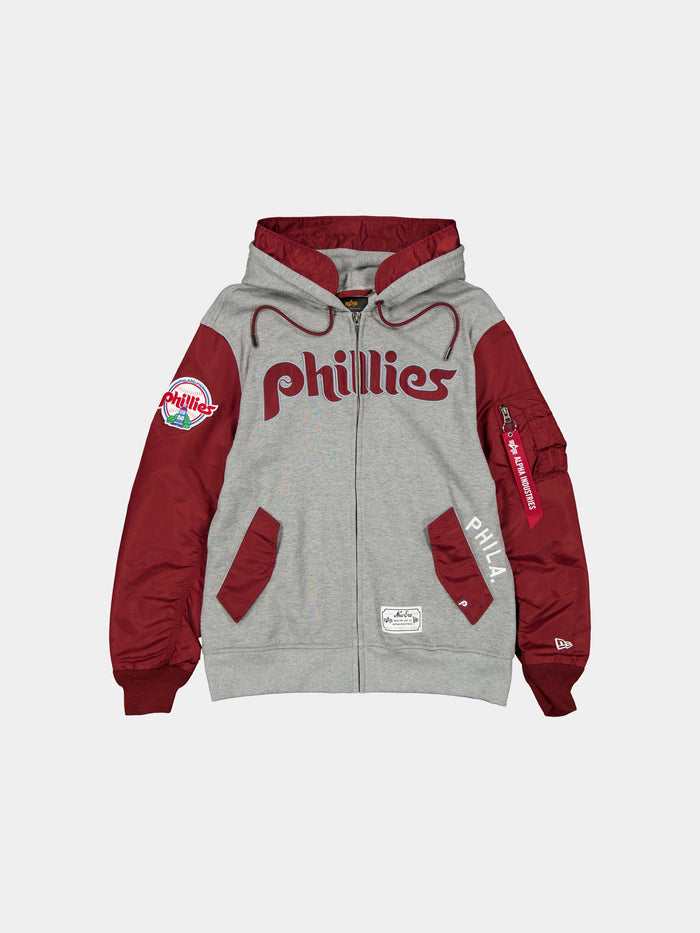 PHILADELPHIA PHILLIES X ALPHA X NEW ERA MA-1 ZIP UP HOODIE OUTERWEAR Alpha Industries DARK RED S
