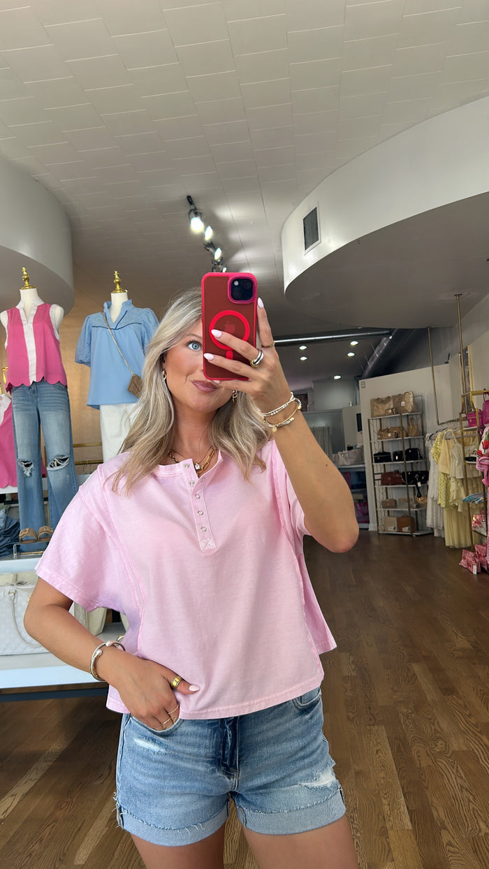 PINK HENLEY BUTTON TOP