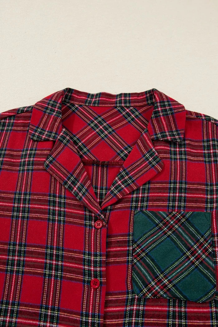 Plaid Contrast Patched Christmas Holiday Long Sleeve Shirt and Short 2pcs Pajama Set