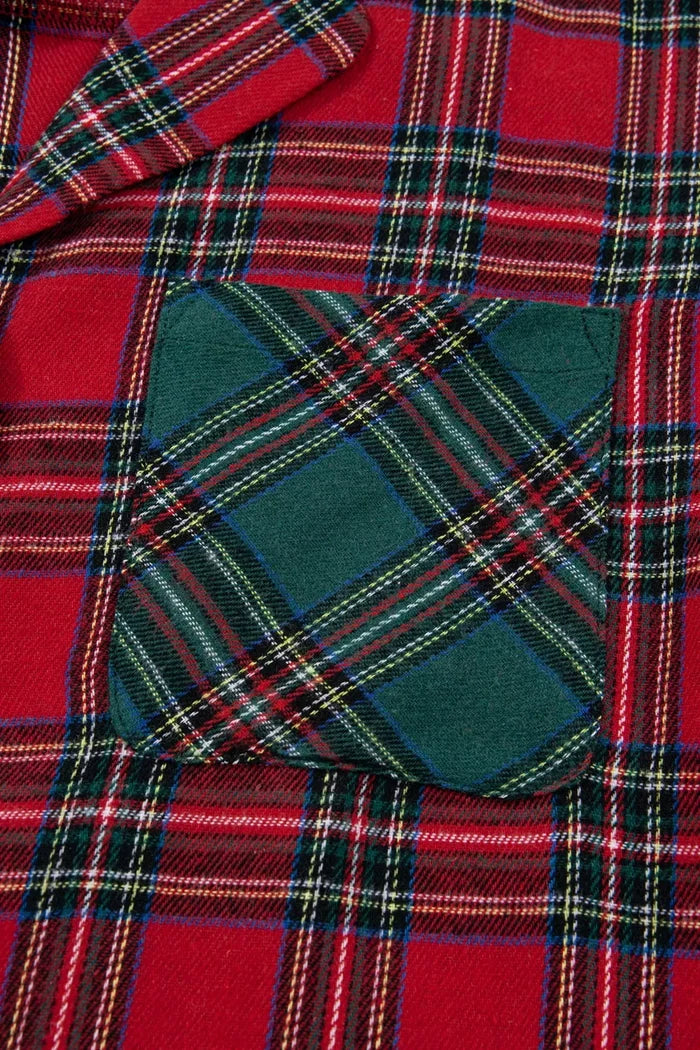 Plaid Contrast Patched Christmas Holiday Long Sleeve Shirt and Short 2pcs Pajama Set
