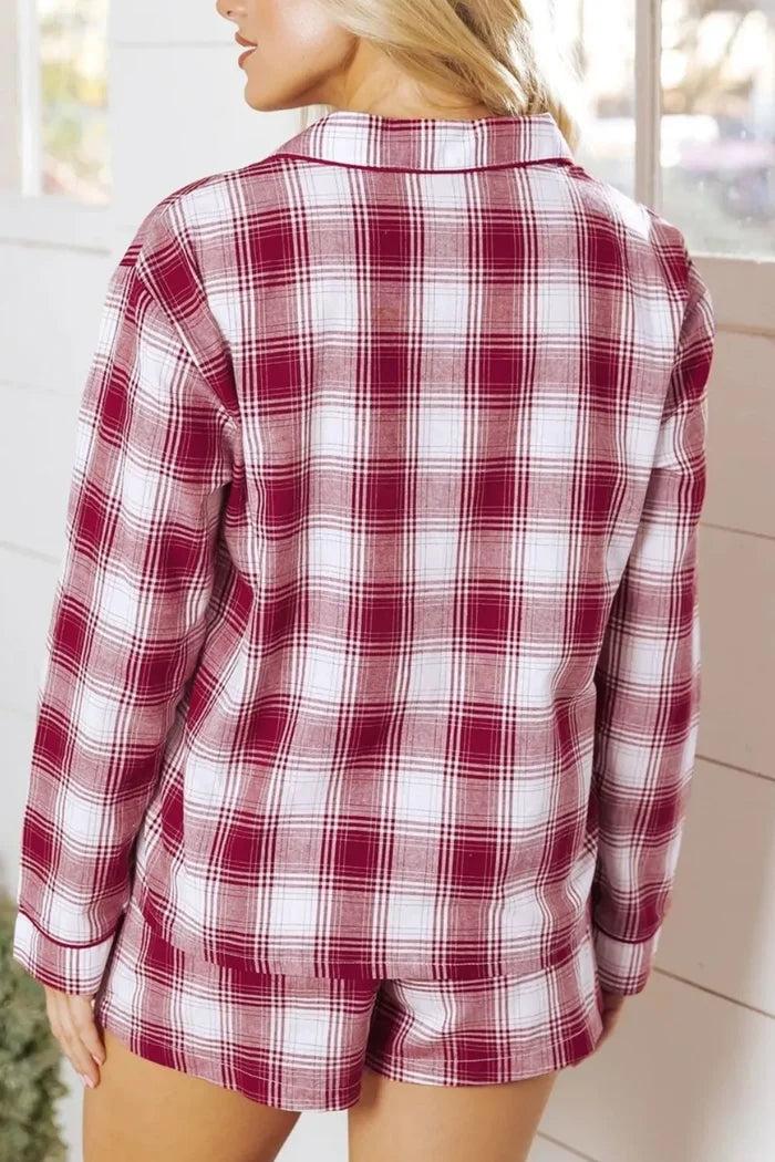 Plaid Long Sleeve Shirt and Drawstring Shorts Lounge Set