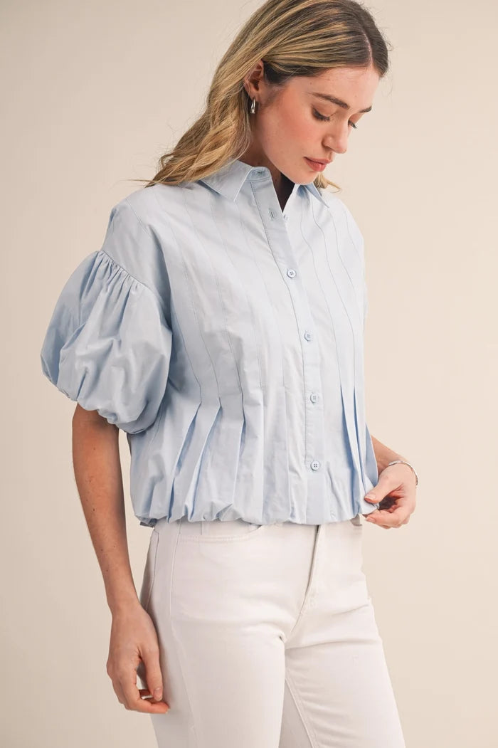 Pleated Bubble Hem Button Down - Greige Goods