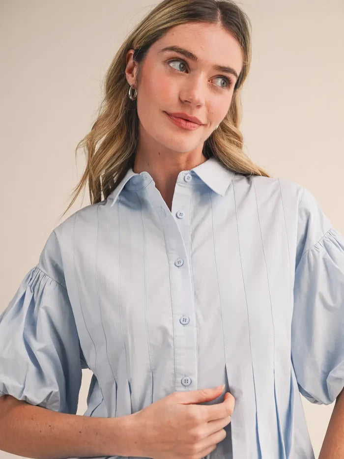 Pleated Bubble Hem Button Down - Greige Goods