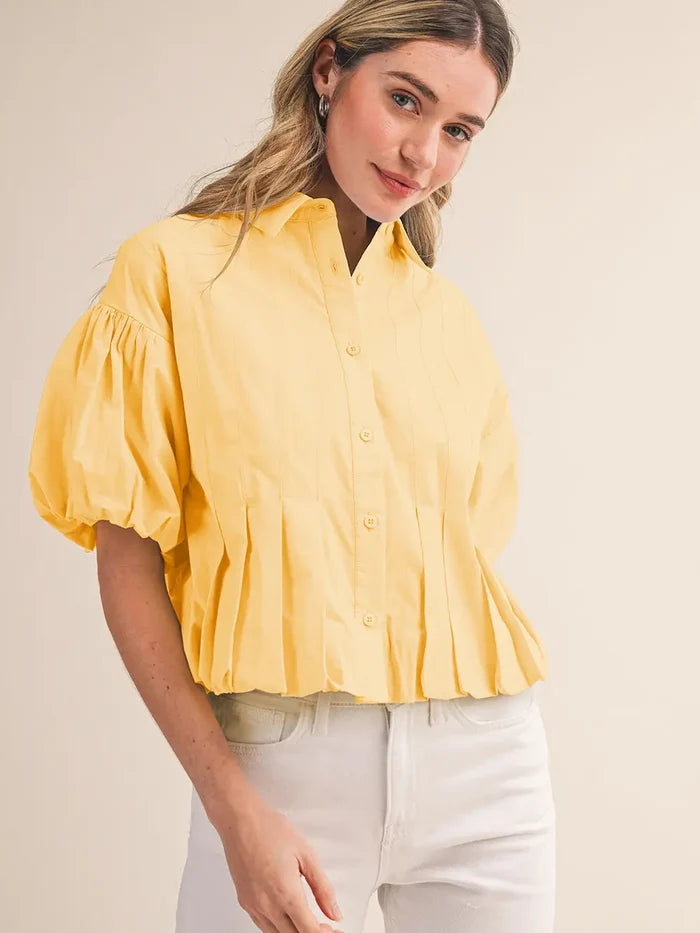 Pleated Bubble Hem Button Down - Greige Goods
