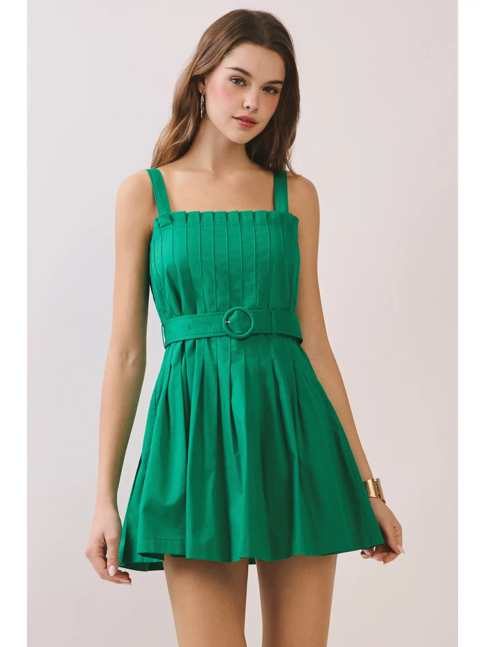 Pleated Square Neck Belt Dress