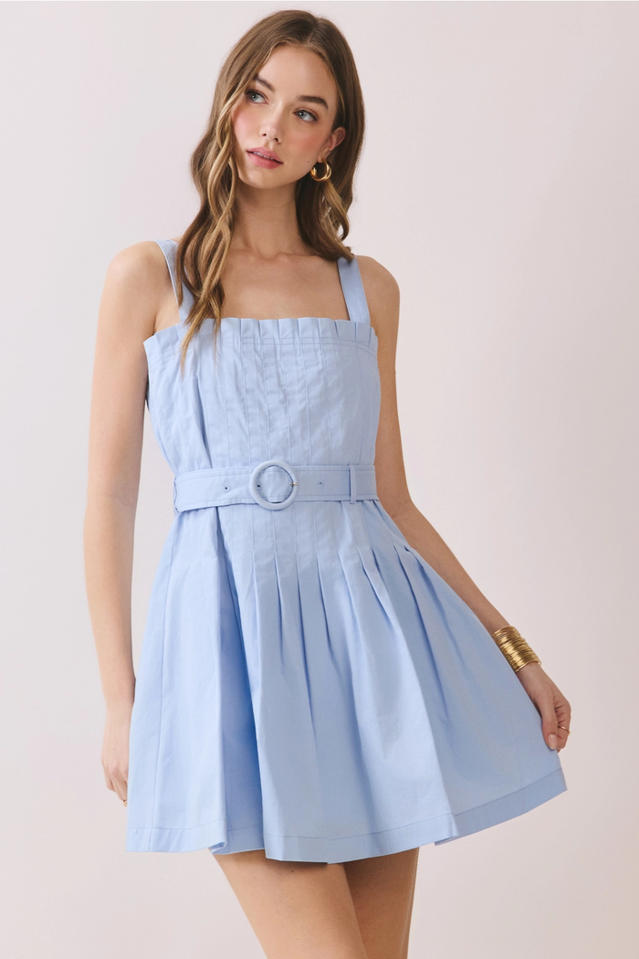 Pleated Square Neck Belt Dress