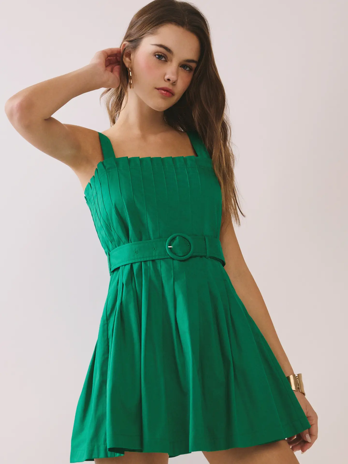 Pleated Square Neck Belt Dress