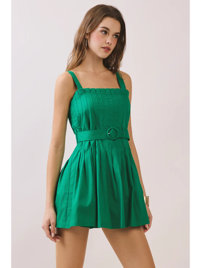 Pleated Square Neck Belt Dress