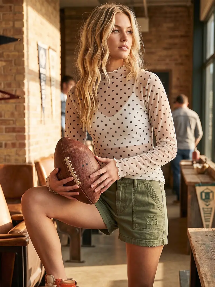 Polka Dot Mesh Long Sleeve Top