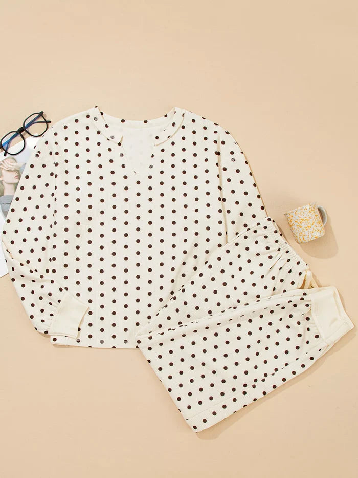 Polka Dot Notched Long Sleeve Top and Drawstring Joggers Lounge Set